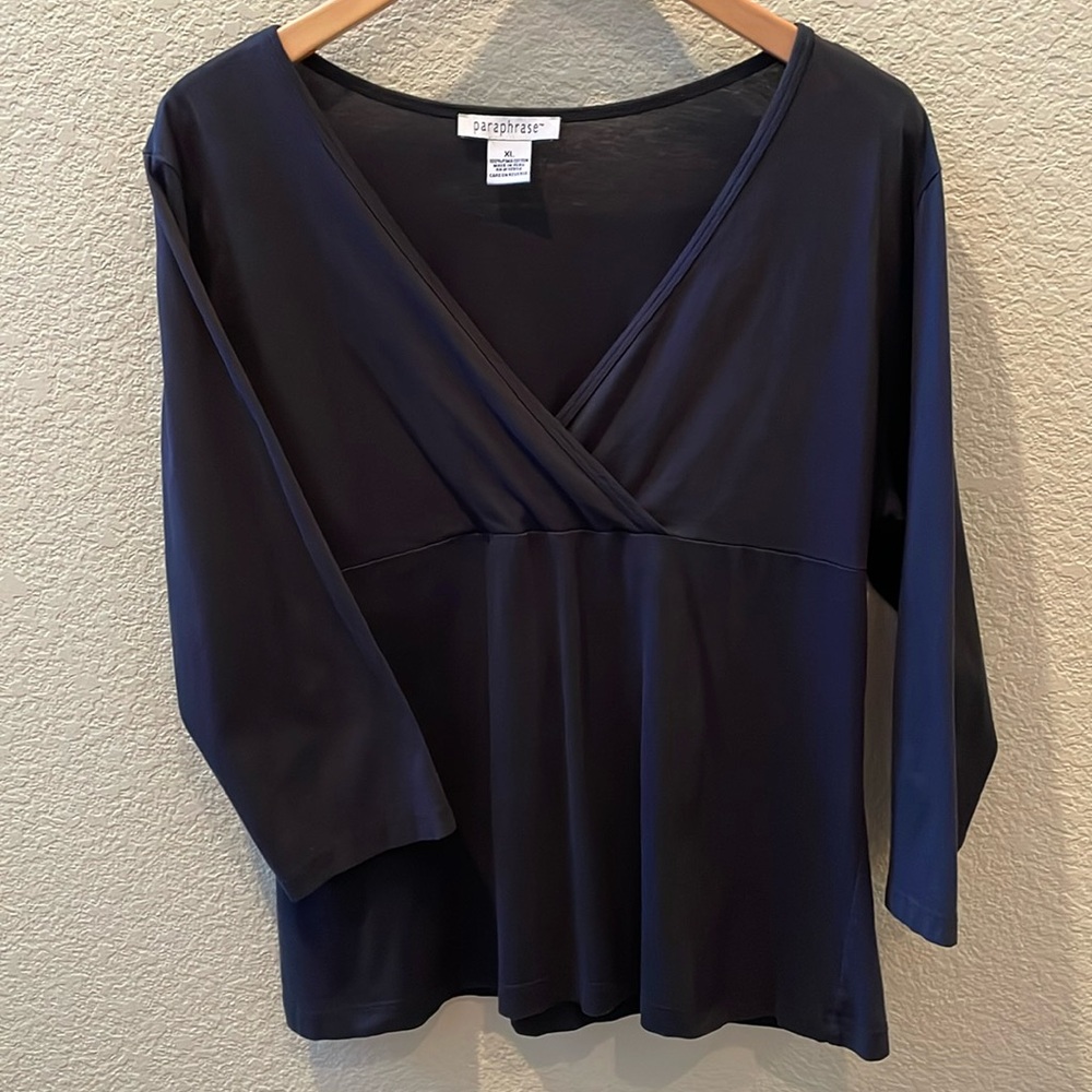 Paraphrase 100% Pima Cotton Black 3/4 Sleeve Crossbody Tee, size XL